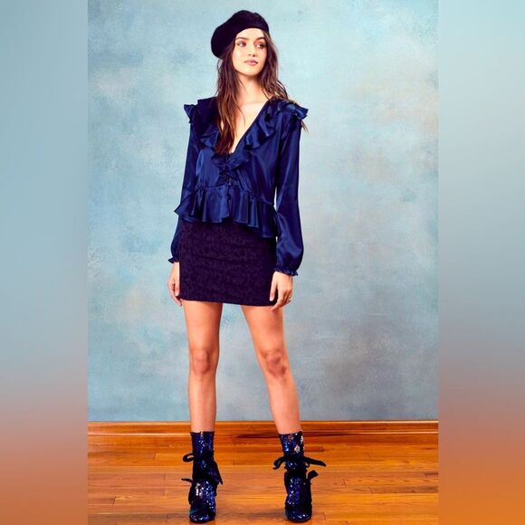 For Love And Lemons Tops - For Love and Lemons 🍋 Blue Satin Better Open Back Ruffle Blouse Size S
